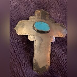 Vintage Native American Turquoise Cross Pendant Signed